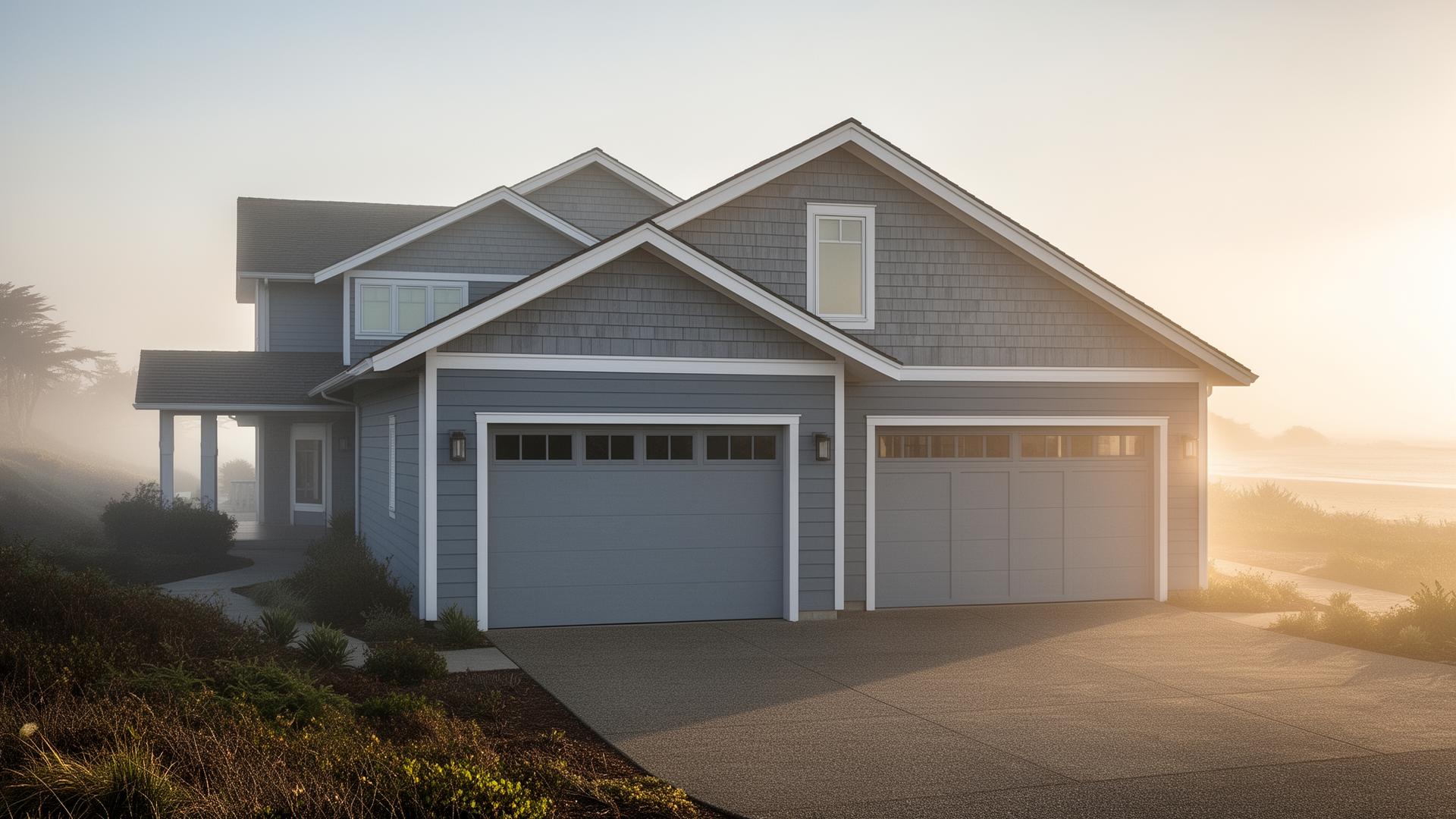 Beautiful coastal home with elegant ranch-style garage doors